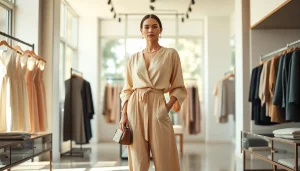 Showcase of Rivelle's elegant fashion attire modeled in a bright boutique setting.