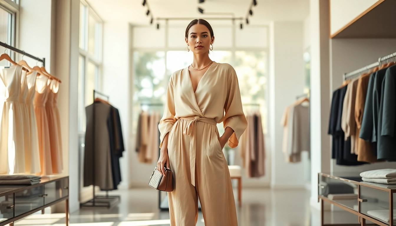 Showcase of Rivelle's elegant fashion attire modeled in a bright boutique setting.