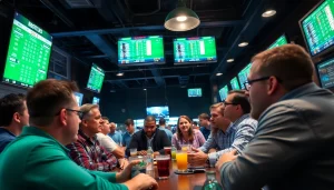 Bettors discussing sports betting sites Oklahoma at a lively sports bar atmosphere.