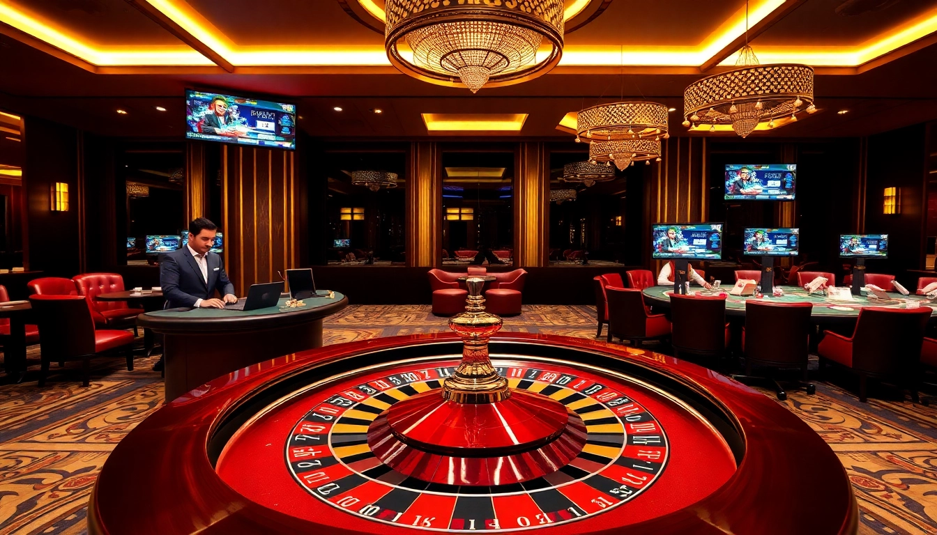 Experience the thrill and excitement of rr88.com with a lively casino scene featuring gaming tables and players.