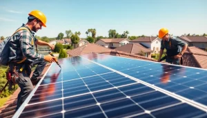 Expert solar installers near me demonstrating installation process on a sunny rooftop.