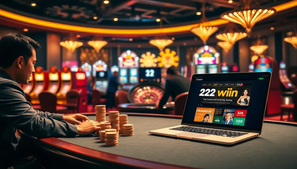 32 win đăng nhập showcased with exciting casino atmosphere, poker table, and vibrant slot machines.