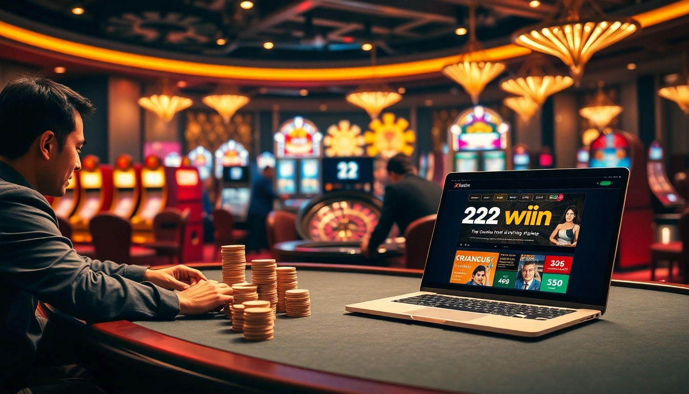 32 win đăng nhập showcased with exciting casino atmosphere, poker table, and vibrant slot machines.