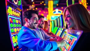 Exciting slot hoki gaming scene with players enjoying vibrant machines in a dynamic online environment.