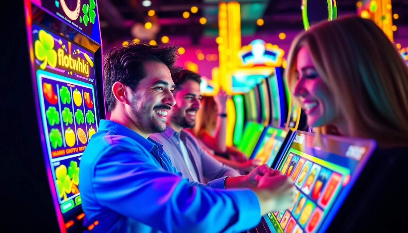 Exciting slot hoki gaming scene with players enjoying vibrant machines in a dynamic online environment.