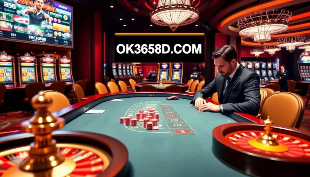 An engaging scene at a casino table featuring player interaction, highlighting poker and OK365KD.COM gameplay excitement.