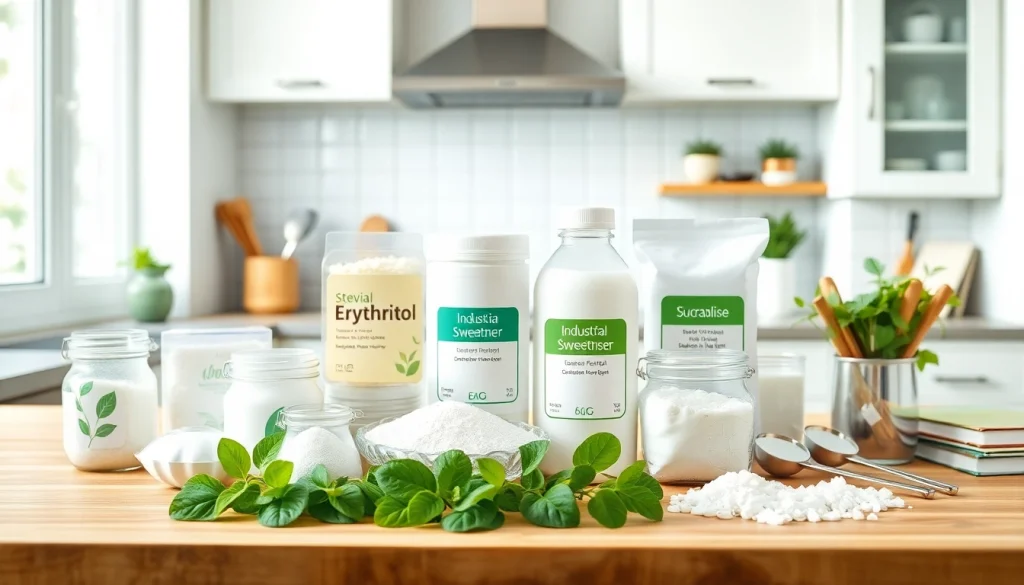 Display of various industrial sweeteners including stevia, erythritol, and sucralose.