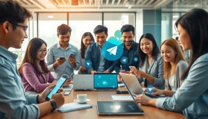 Telegram中文 setup scene with diverse professionals demonstrating modern communication.