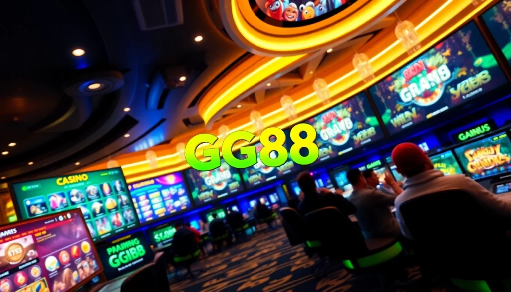 Online casino scene featuring GG88 COM with vibrant interface showcasing games and promotions, embodying excitement and trust.
