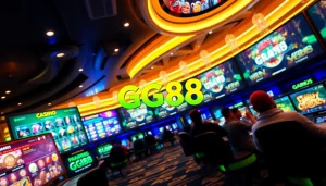 Online casino scene featuring GG88 COM with vibrant interface showcasing games and promotions, embodying excitement and trust.