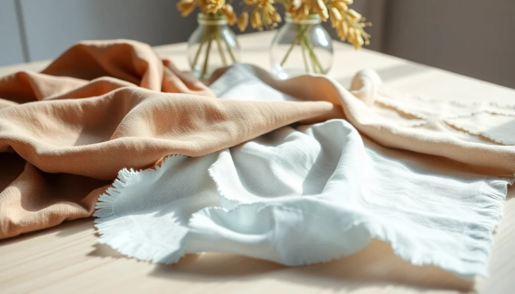 Linnen stalen met diverse texturen en kleuren op een houten tafel, perfect gestyled.