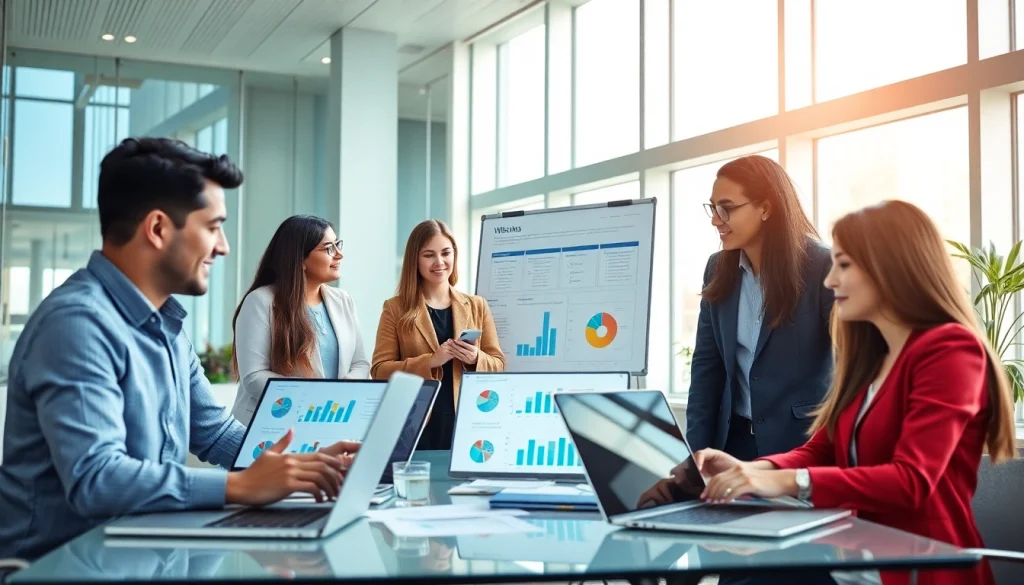 Professionals collaborating using WPS办公软件 in a modern office environment, showcasing teamwork and innovation.