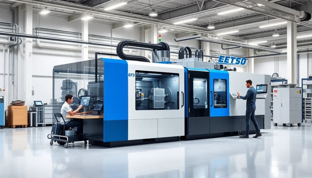 Electric injection molding machine in a high-tech manufacturing facility, showcasing advanced technology and precision.