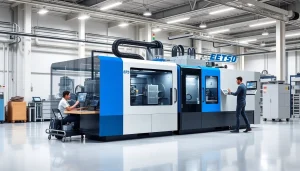 Electric injection molding machine in a high-tech manufacturing facility, showcasing advanced technology and precision.