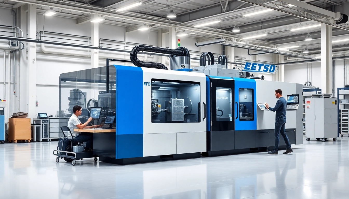 Electric injection molding machine in a high-tech manufacturing facility, showcasing advanced technology and precision.