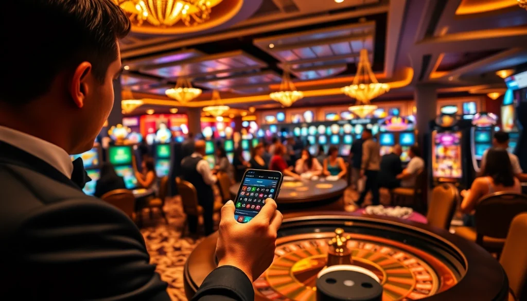 Engaging casino scene showcasing Magrehistro with players at tables and online gaming interfaces.