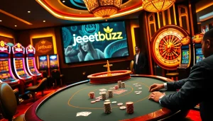 Engaging casino scene showcasing exciting jeetbuzz লগইন with poker chips and roulette.