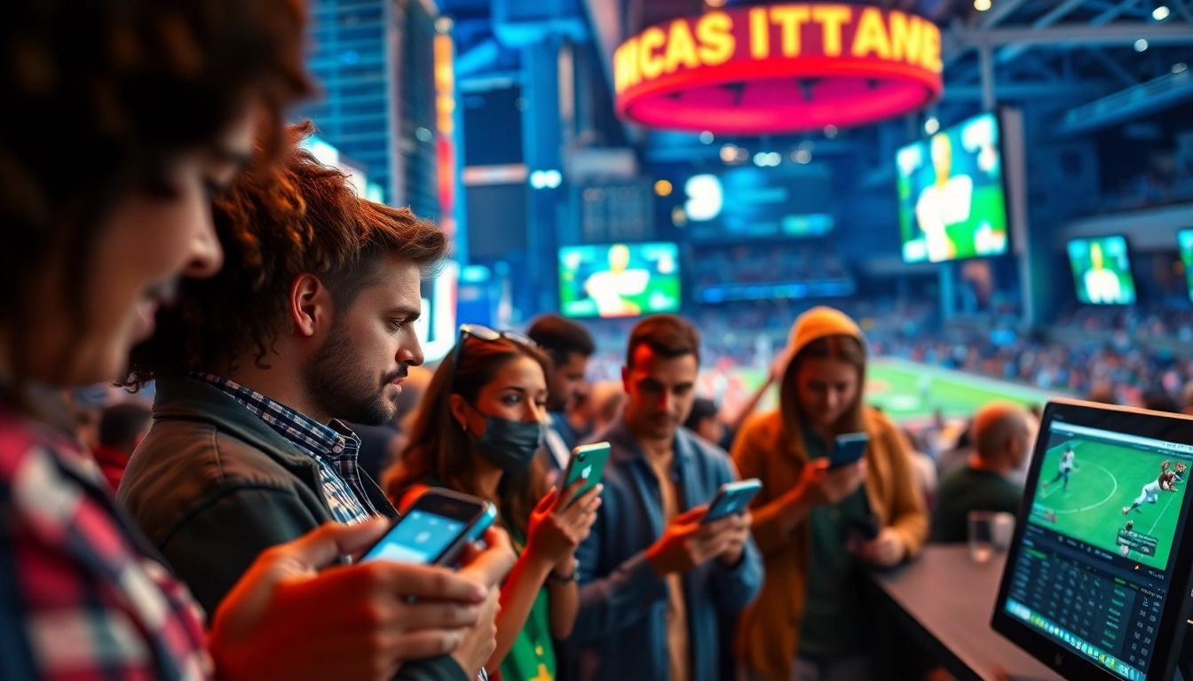 Engaging scene of sports betting sites California showcasing diverse individuals using mobile apps to place bets.