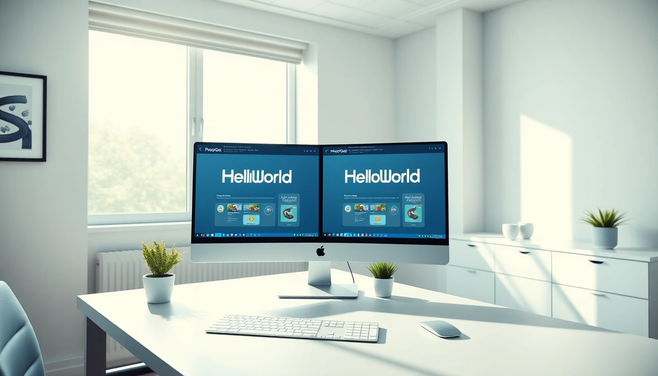HelloWorld官网 showcasing an efficient modern workspace with dual monitors displaying software interface, emphasizing innovative technology and productivity.