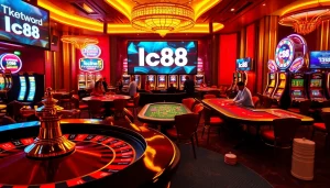 Experience the excitement of lc88 gaming at a bustling casino with vibrant tables and roulette.