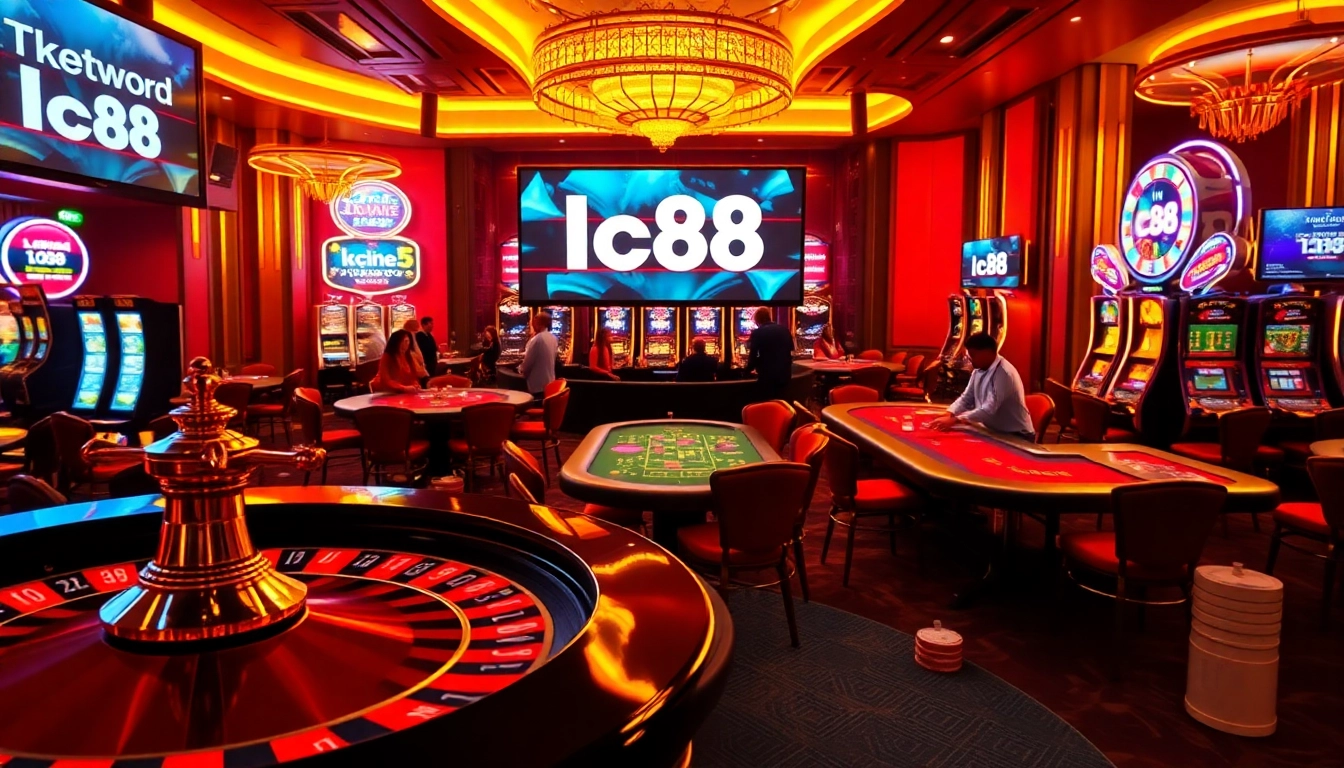 Experience the excitement of lc88 gaming at a bustling casino with vibrant tables and roulette.