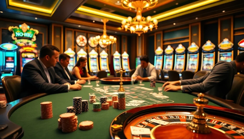 Experience the excitement of "no hu" at a luxurious casino with colorful chips and engaging players.