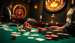 Engaging scene of Top 10 Nhà Cái Uy Tín featuring a luxurious casino table with cards and poker chips.