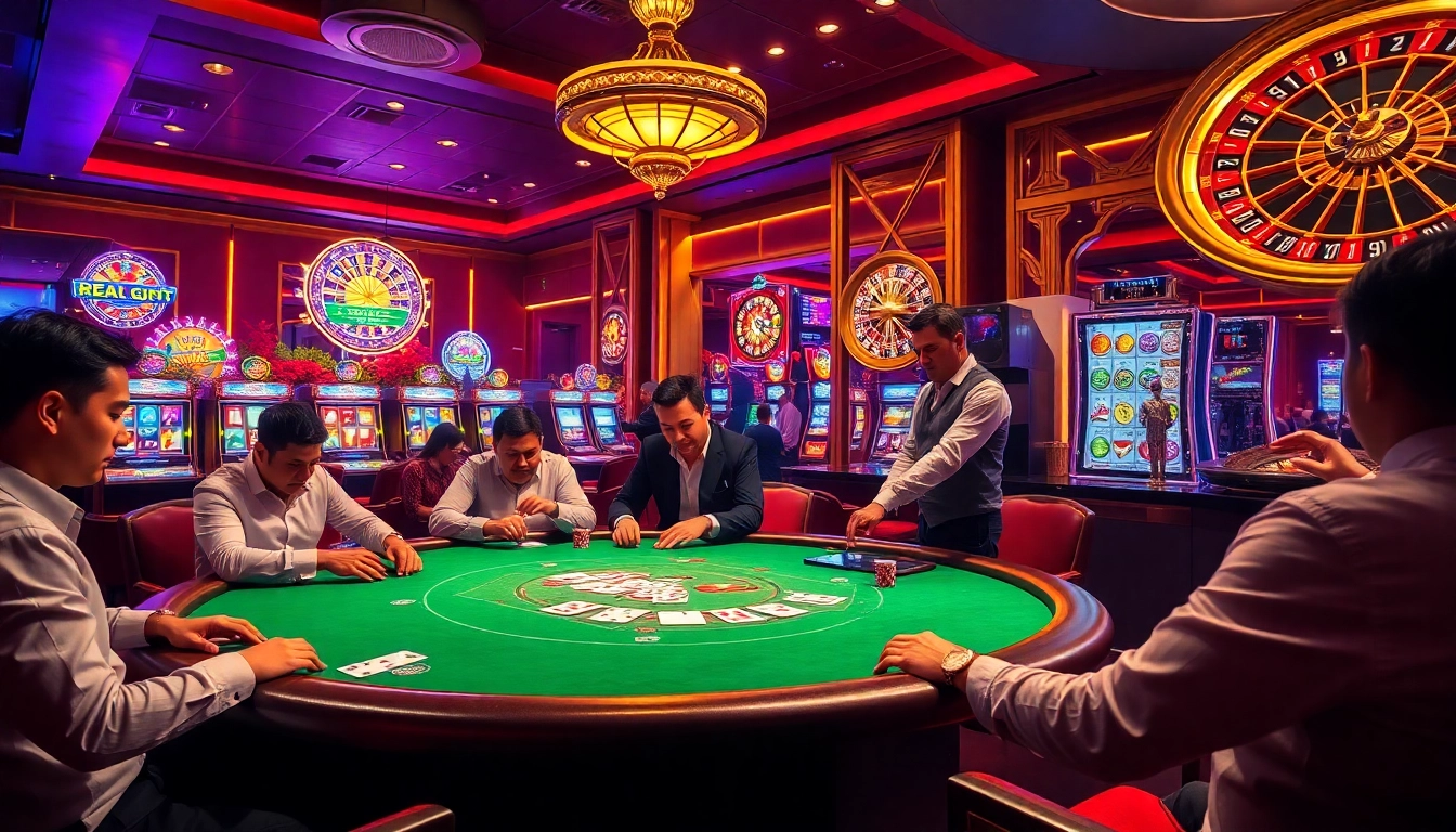 Experience excitement at khela88 casino with players engaging in poker and vibrant slot machines.