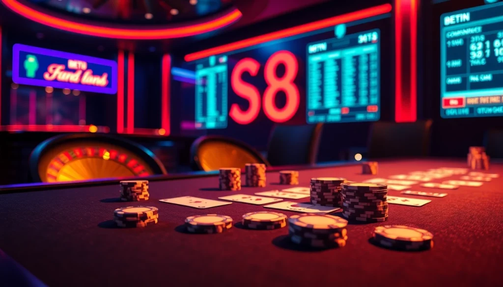 S8 casino atmosphere with poker chips and a roulette wheel, highlighting excitement in gambling.
