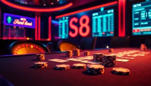 S8 casino atmosphere with poker chips and a roulette wheel, highlighting excitement in gambling.