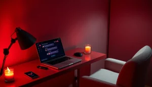AI sexting chat interface in a cozy, intimate workspace setting