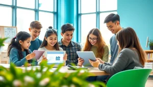 Students using 有道词典 in a modern classroom setting, engaged with digital devices.