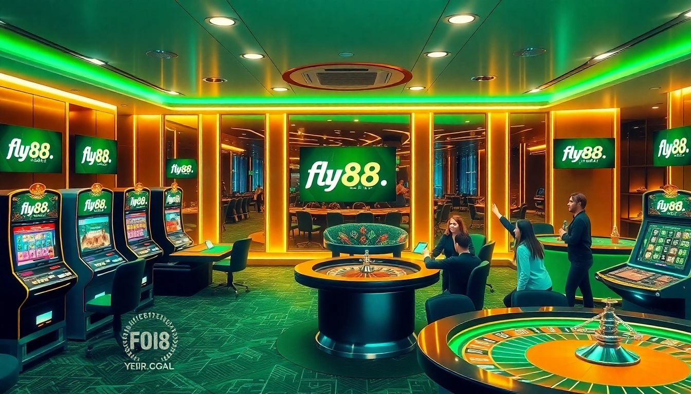 Dynamic online gaming atmosphere showcasing fly88.legal with players enjoying casino games.