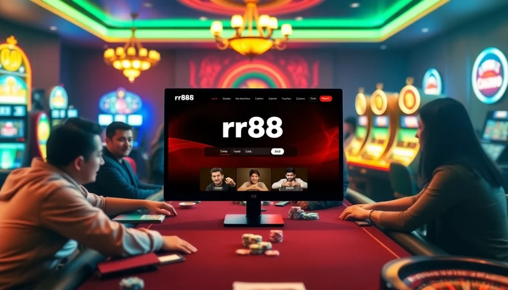 Explore the thrilling atmosphere of rr88 com with vibrant slots and poker gameplay in a luxurious casino setting.