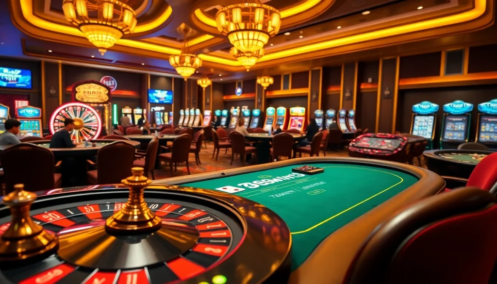 Exciting gambling action at a casino featuring 789win13 themed roulette, poker, and slot machines.