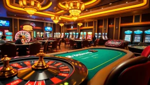 Exciting gambling action at a casino featuring 789win13 themed roulette, poker, and slot machines.