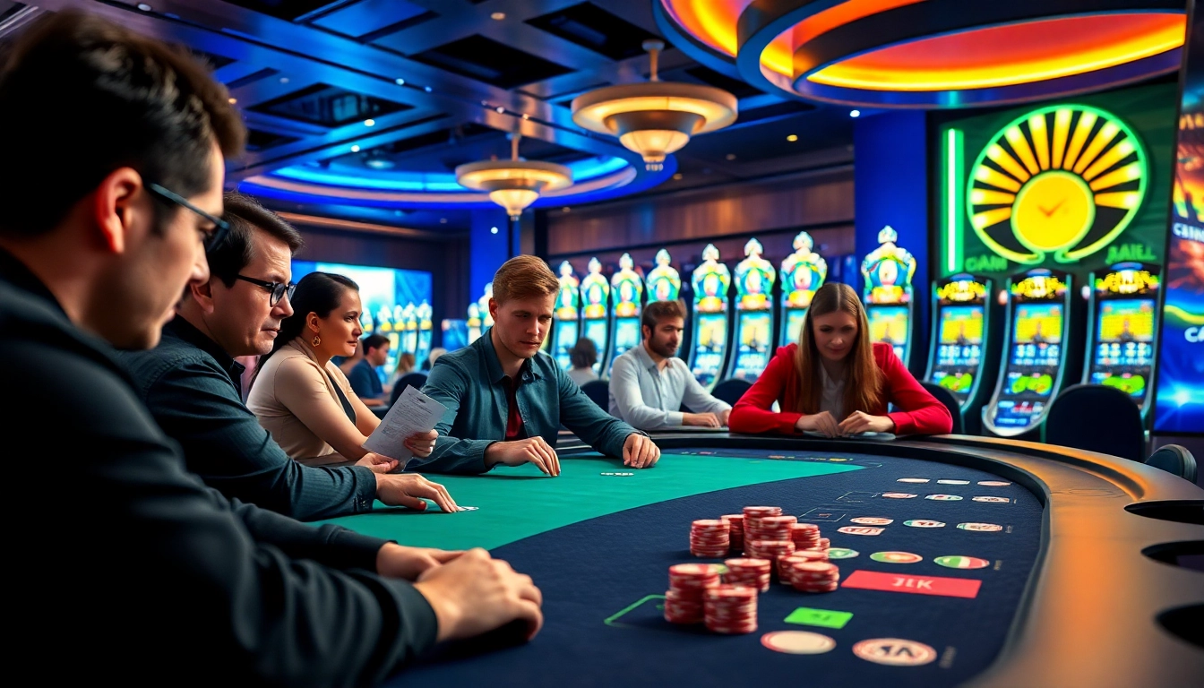 Engaged players enjoying games at Canadian casinos online in a vibrant, modern setting.