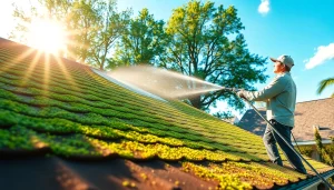 Roof cleaning technician using a soft wash system on a suburban home in Kissimmee, FL.