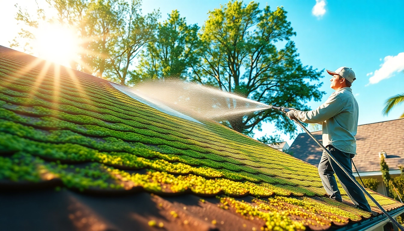 Roof cleaning technician using a soft wash system on a suburban home in Kissimmee, FL.