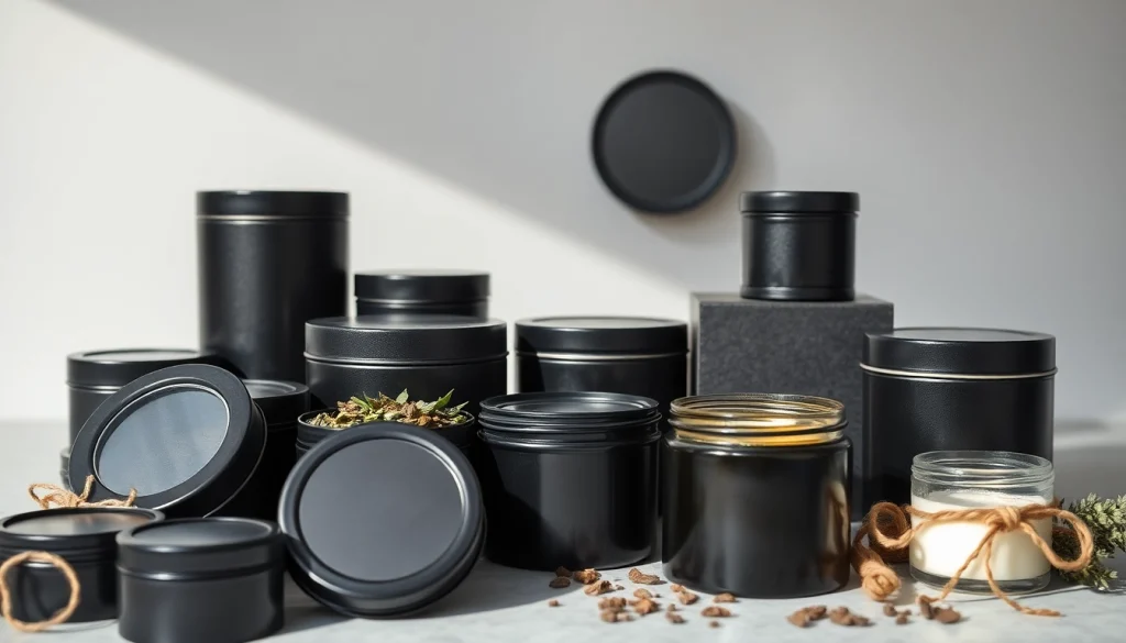 Black tins in various shapes showcasing customization options for storage solutions.