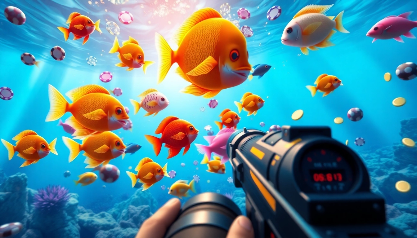 Exciting game bắn cá đổi thưởng action with colorful underwater creatures and casino elements.
