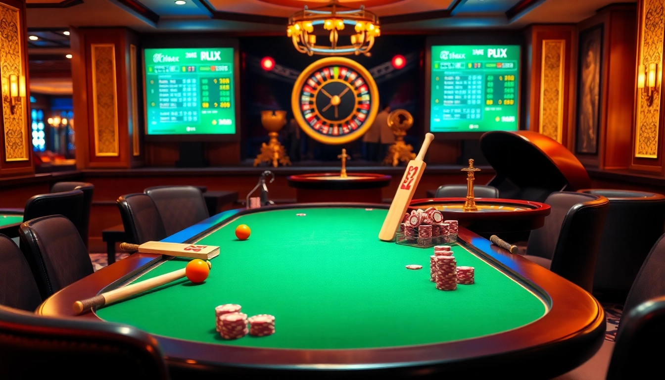 Engage with Crickex online sports betting at a vibrant casino showcasing cricket-themed visuals.