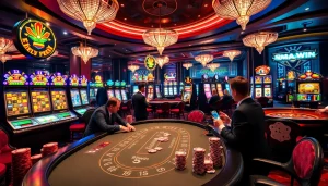 Experience the thrill of 99win at a luxurious casino table with vibrant games and enthusiastic players.
