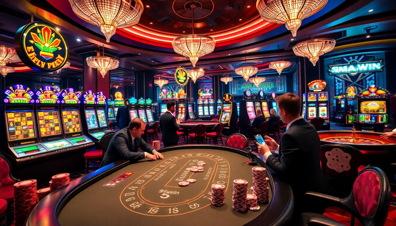 Experience the thrill of 99win at a luxurious casino table with vibrant games and enthusiastic players.