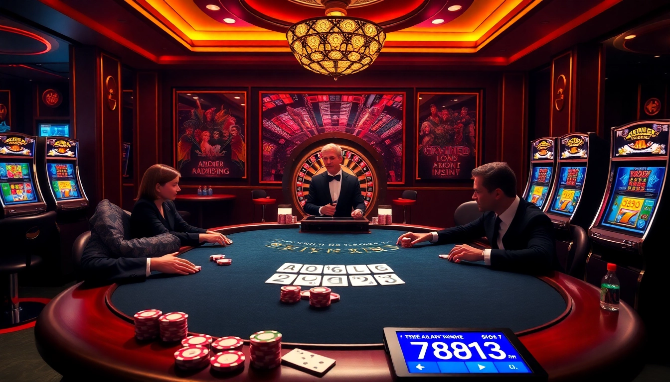 Engage with 789win13 in an upscale casino scene featuring players at poker tables and vibrant game displays.