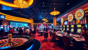 Exciting gaming atmosphere at uu88 with roulette, poker, and slot machines sparkling.
