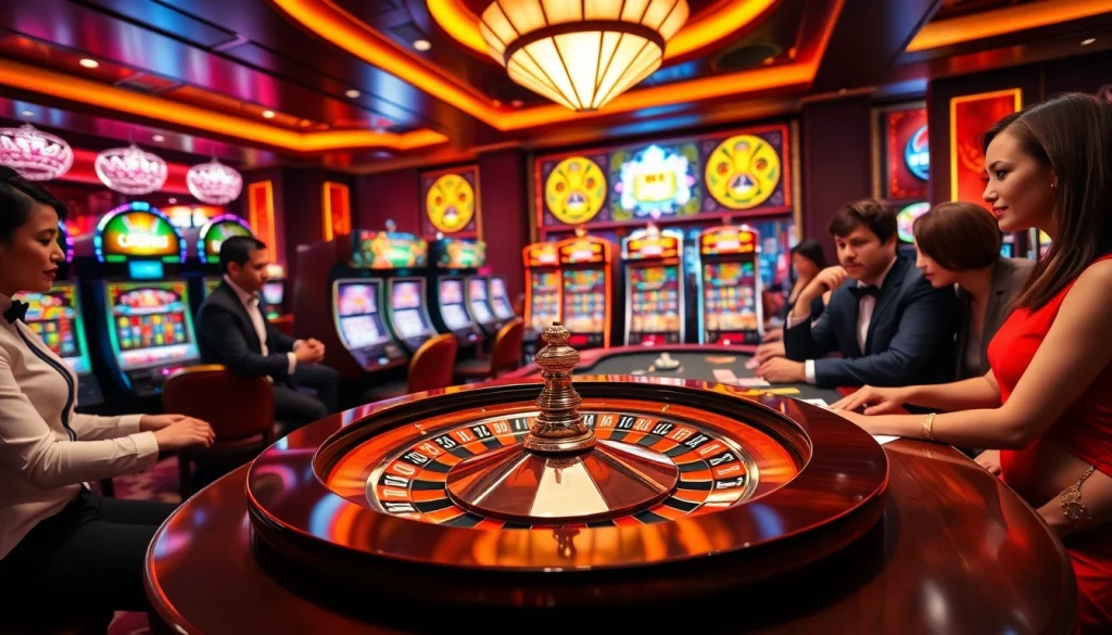 Engaging gamblers at Go8-themed casino tables with roulette and poker action.