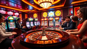 Engaging gamblers at Go8-themed casino tables with roulette and poker action.