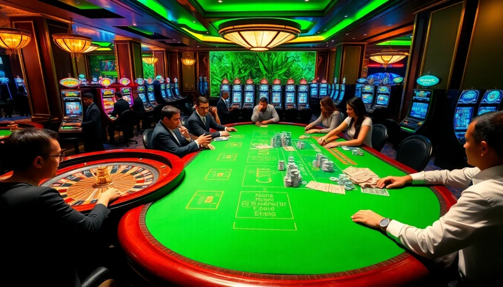 Experience the thrill of gaming in a luxurious Rio-style casino setting with vibrant roulette wheels and eager players.