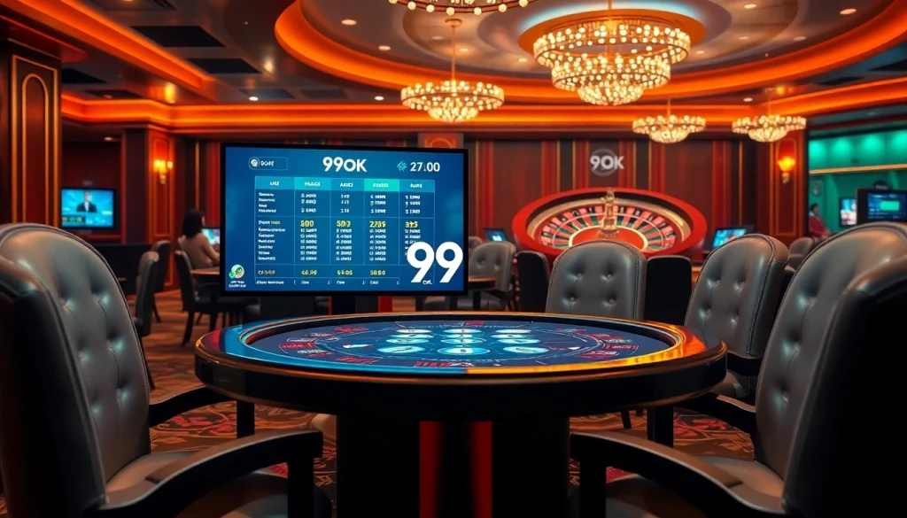 Experience the excitement of 99OK with a luxurious online poker table and vibrant game atmosphere.